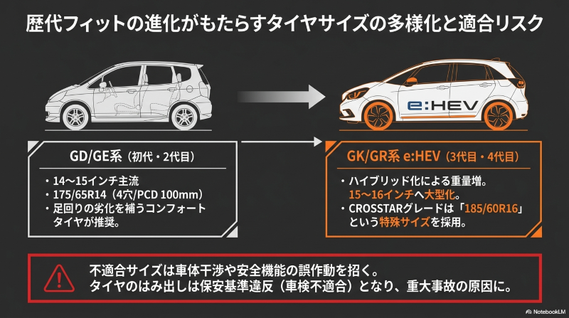 歴代フィット（GD/GE系、GK/GR系）のタイヤサイズの変化と、不適合サイズによる車体干渉や保安基準違反のリスクを解説した図