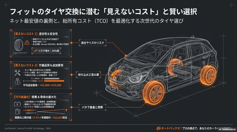 フィットのタイヤ交換に潜む適合サイズのリスク、持ち込み工賃の罠、バネ下重量と燃費の関係を図解したスライド