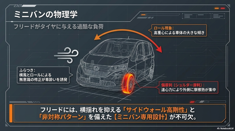 フリードの高重心によるロール現象とタイヤの偏摩耗メカニズム
