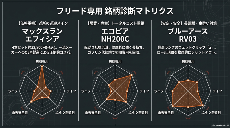 フリードにおすすめのタイヤ銘柄診断マトリクス（エフィシア、エコピア、ブルーアース）