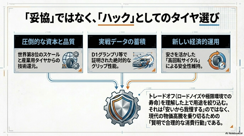 資本力、実戦データ、高回転サイクルという3つの合理的な消費行動を示すまとめの図解