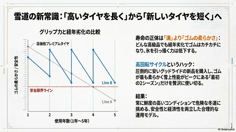 高価格プレミアムタイヤとグッドライドの短期間ローテーションにおけるグリップ力維持の比較グラフ