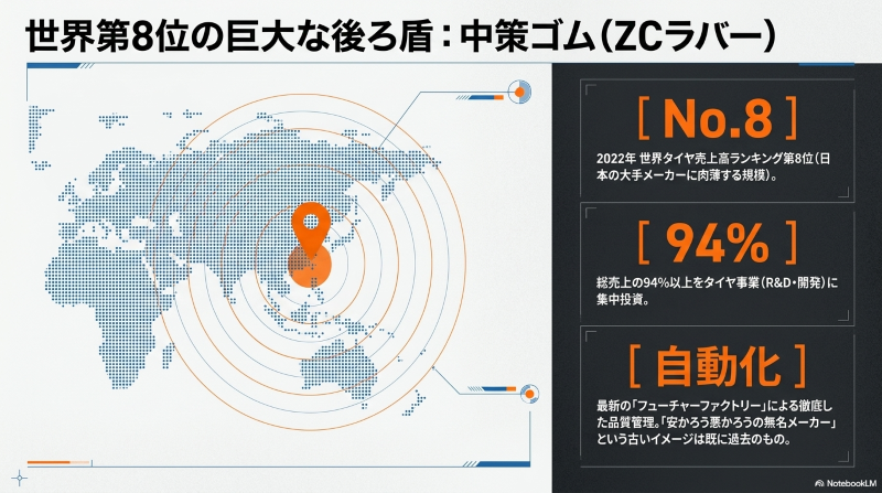 中策ゴムが世界第8位の売上高を誇り、巨大な設備投資を行っていることを示す図解