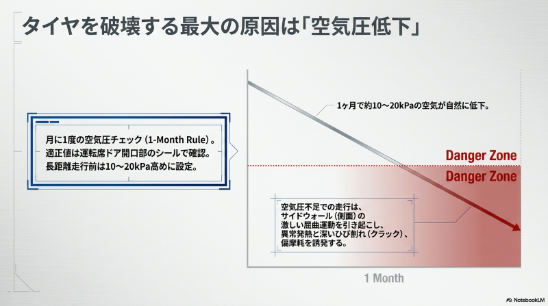 1ヶ月で低下するタイヤ空気圧の推移と、空気圧不足が引き起こす危険性を示すグラフ