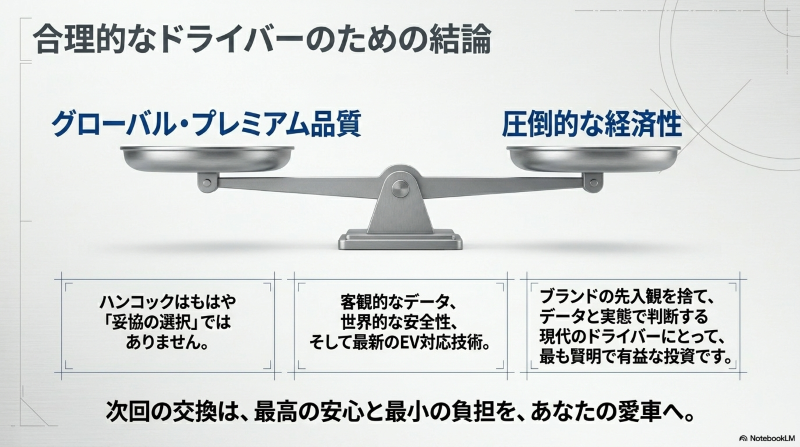 プレミアム品質と経済性を兼ね備え、データと実態で判断する現代のドライバーに向けたハンコックタイヤの結論