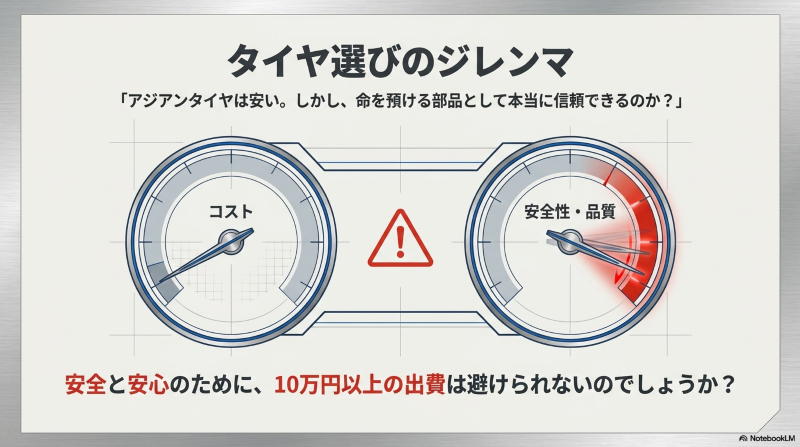 タイヤ選びにおけるコストと安全性・品質のバランスを示すメーター図