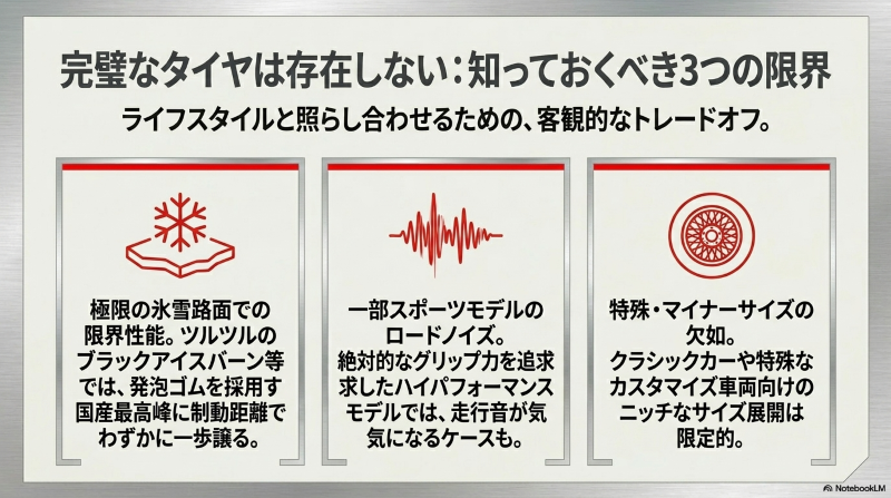 氷雪路面、ロードノイズ、特殊サイズの欠如などハンコックタイヤの限界とデメリットを示す図