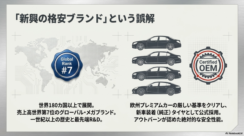ハンコックタイヤの世界売上第7位と欧州車純正採用(OEM)の実績を示す図