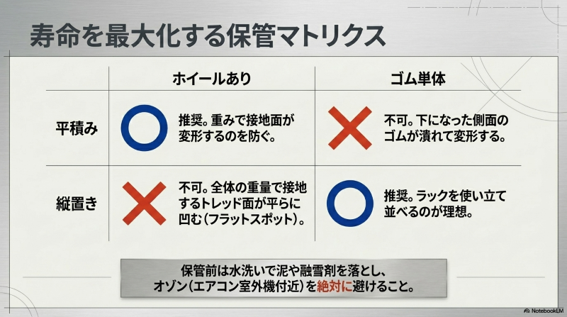 ホイールの有無に応じたタイヤの平積と縦置きの正しい保管マトリクス