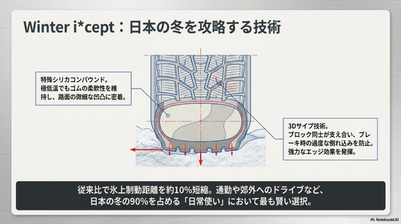 ハンコックのスタッドレスタイヤに採用されている3Dサイプ技術と特殊シリカコンパウンドの断面図