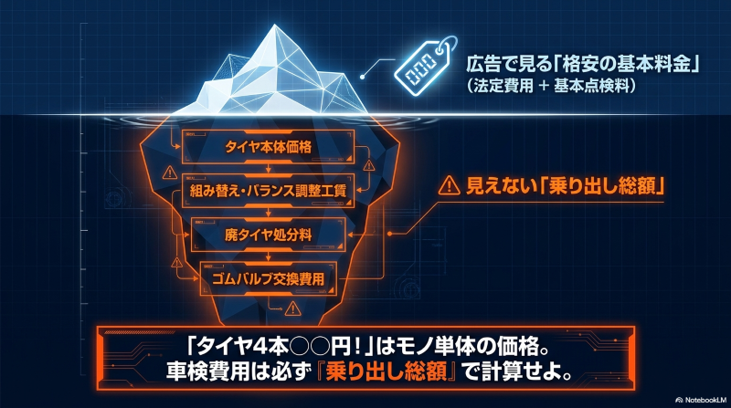 広告の格安基本料金に隠れたタイヤ交換の追加費用と乗り出し総額を示す氷山の図解