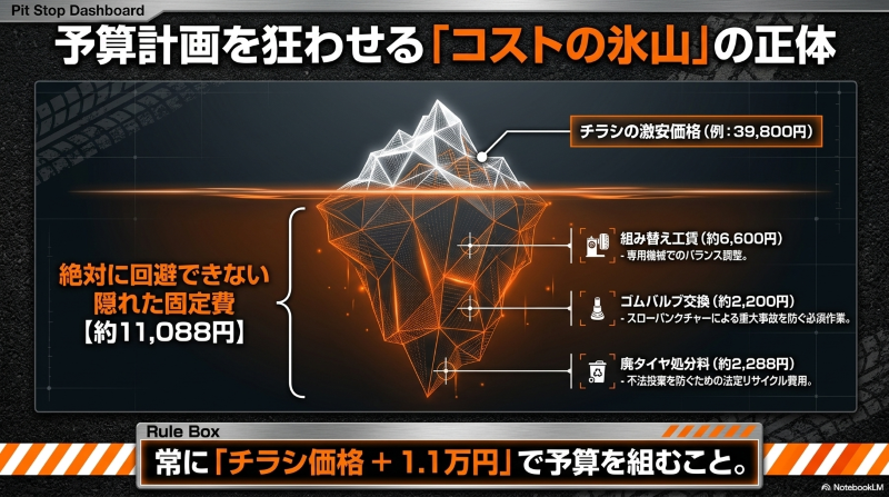 チラシの激安価格の下に隠れている、組み替え工賃、ゴムバルブ交換、廃タイヤ処分料の合計約11,088円の固定費を表した氷山のイラスト