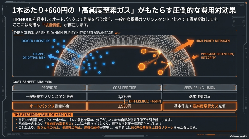 TIREHOOD経由のオートバックス指定料金に含まれる高純度窒素ガス充填（+660円）が、酸素や水分の透過を防ぎ、適正な空気圧を長期間キープする仕組みを解説した分子レベルの図解