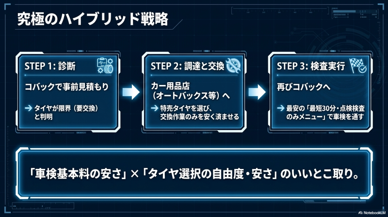 事前見積もり後にカー用品店でタイヤ交換のみを行い、コバックの最安車検を通す3ステップのハイブリッド戦略