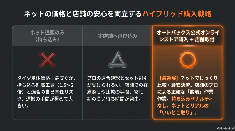 オンラインストアで最安決済し、実店舗でプロによる正確な取付作業を受ける「いいとこ取り」のハイブリッド購入戦略を解説した図