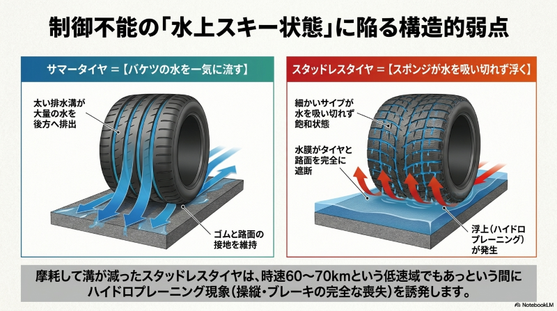 太い排水溝で水を排出するサマータイヤと、細かいサイプが飽和して水膜により浮上するスタッドレスタイヤのハイドロプレーニング比較図