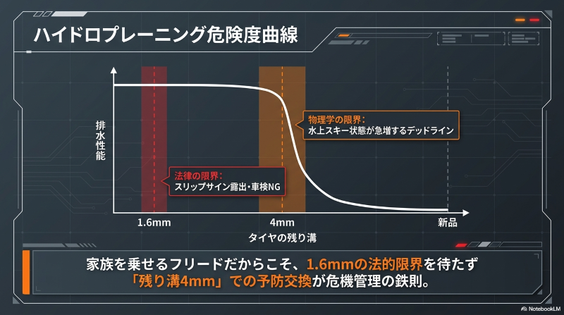 イヤの残り溝（1.6mmと4mm）によるハイドロプレーニング危険度曲線