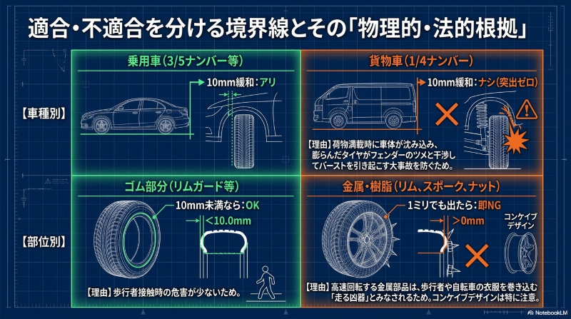 乗用車は歩行者保護の観点からゴム部分の10mm未満緩和がアリだが、貨物車はバースト事故を防ぐため緩和ナシであることを示す図解 また、金属部品は1ミリでも出たら即NGの不適合となる理由も併記