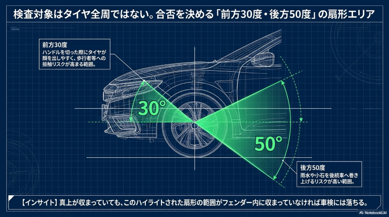 はみ出し検査の対象となる、歩行者への接触リスクが高まる前方30度と、小石などを巻き上げるリスクが高い後方50度の扇形エリアを図解した車の側面図