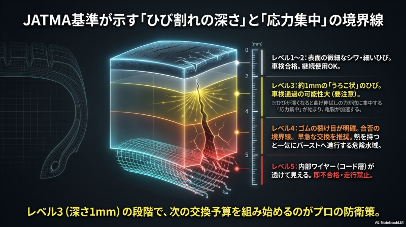 JATMA基準に基づくタイヤのひび割れ深さ5段階レベルと応力集中の関係