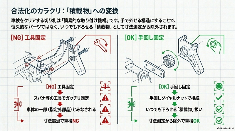 工具固定は車検NG、手回しダイヤルナット固定なら積載物扱いで車検OKとなる仕組み