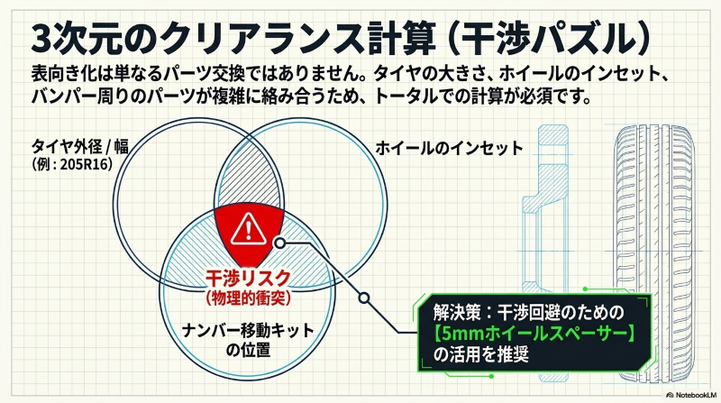 タイヤ外径、ホイールインセット、ナンバー移動キットの干渉リスクと5mmホイールスペーサーでの解決策
