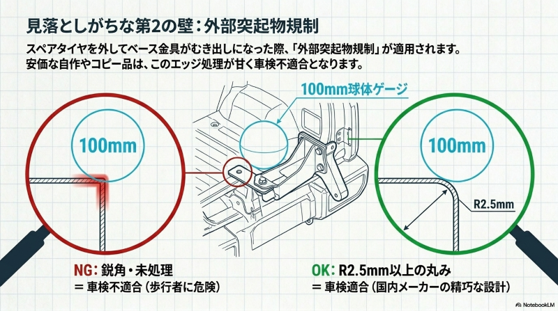 100mm球体ゲージを用いた外部突起物規制（R2.5mm以上の丸み）の解説図