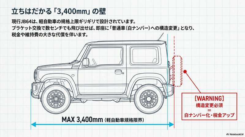 ジムニーJB64の軽自動車規格限界である全長3,400mmと構造変更の警告