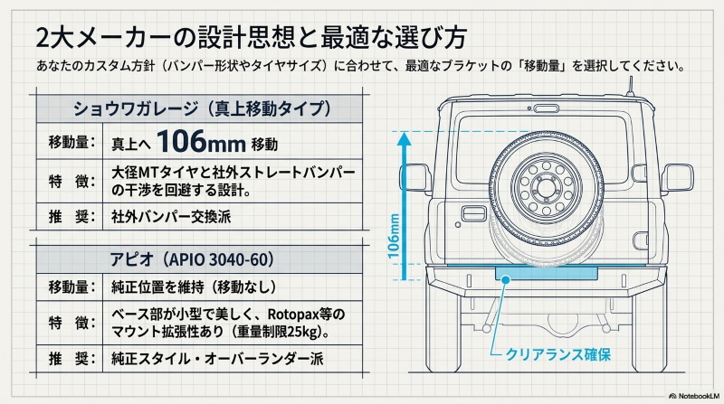 ショウワガレージ製（真上へ106mm移動）とアピオ製（移動なし）のブラケット設計思想の違い