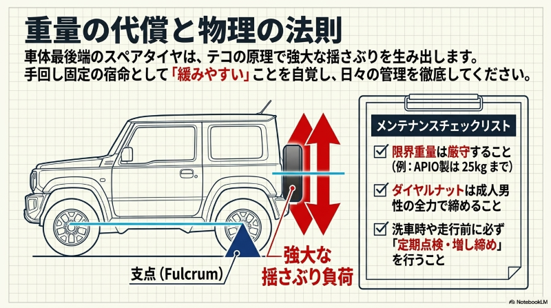 車体最後端のスペアタイヤが生み出すテコの原理による揺さぶり負荷とメンテナンスの重要性
