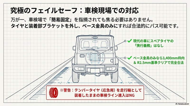 スペアタイヤを外し、ベース金具のみで3,400mm枠内とR2.5mm基準をクリアして車検をパスする方法