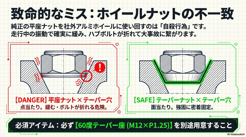 純正の平座ナットと社外ホイールのテーパー穴のミスマッチによる危険性とテーパーナットの必要性