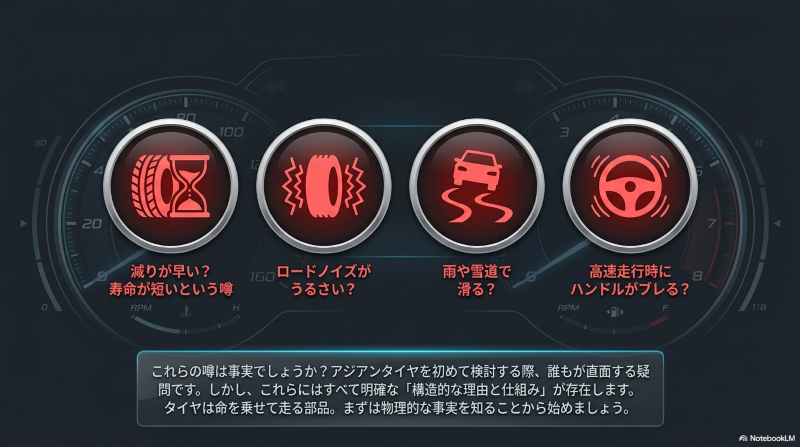 ケンダタイヤの物理的摩耗とゴムの柔軟性の関係を示すグラフ。4年経過後からゴムの硬化による危険地帯（Danger Zone）に入ることを図解