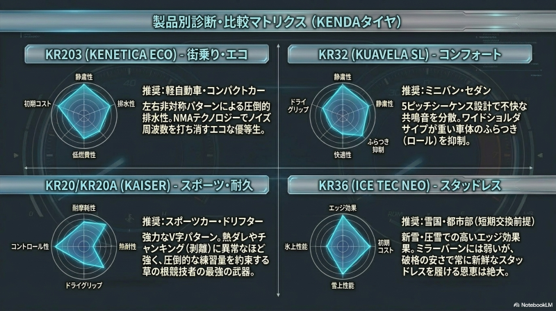 KR203、KR32、KR20/KR20A、KR36の各ケンダタイヤモデルの性能（静粛性、快適性、耐摩耗性、雪上性能など）を比較したレーダーチャート