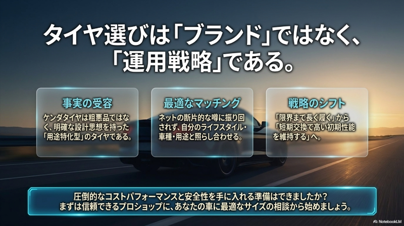 タイヤ選びにおいて、ネットの噂に振り回されず自身のライフスタイルに合わせた最適なマッチングと短期交換戦略が重要であることを示す図