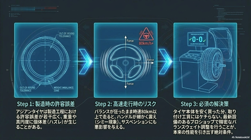 タイヤの真円度や重量バランスの製造誤差が時速80km以上の高速走行時にハンドルのブレ（シミー現象）を引き起こす仕組みとバランス調整の重要性を示す図
