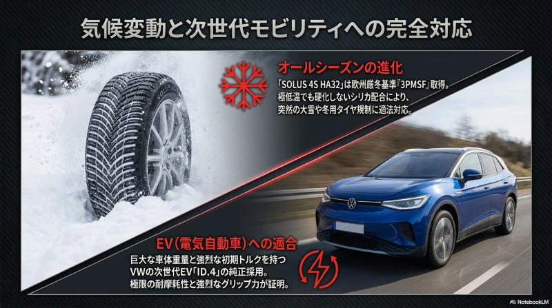 厳冬基準3PMSFを取得したオールシーズンタイヤと次世代EV(電気自動車)への適合
