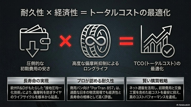 高度な偏摩耗抑制による長寿命化と初期費用の安さによるトータルコスト(TCO)の最適化