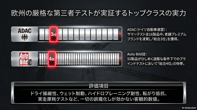 ドイツのADACやAuto Bild誌の厳格なサマーテストで上位入賞を果たしたクムホタイヤの評価結果