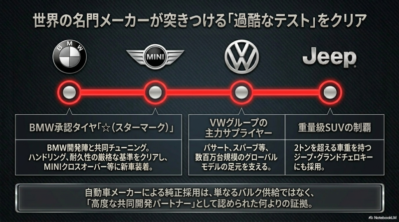 BMWのスターマーク承認やフォルクスワーゲン、ジープなど名門メーカーによるクムホタイヤの純正採用実績