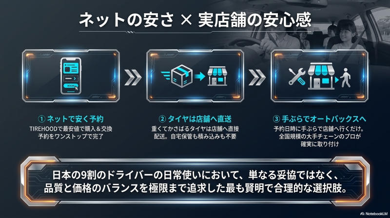 TIREHOODで安く予約し、タイヤは店舗へ直送、手ぶらでオートバックスで確実に取り付けできる流れ