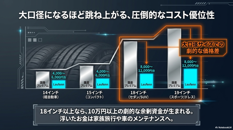 18インチや19インチの大口径サイズになるほど劇的に広がる、国産プレミアムタイヤとラウフェンタイヤの価格差