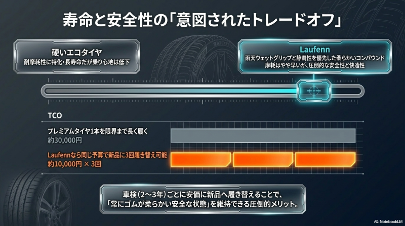 ラウフェンならプレミアムタイヤ1本の予算で3回新品に履き替え可能となり、常に安全な状態を維持できるメリット