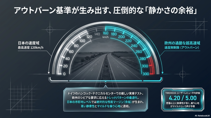 欧州のアウトバーン基準で鍛えられたラウフェンタイヤの、日本の速度域における圧倒的な静粛性の余裕