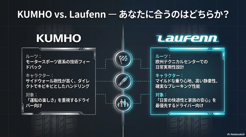 運転の楽しさを重視するクムホと、日常の実用性と快適性を重視するラウフェンのキャラクター比較