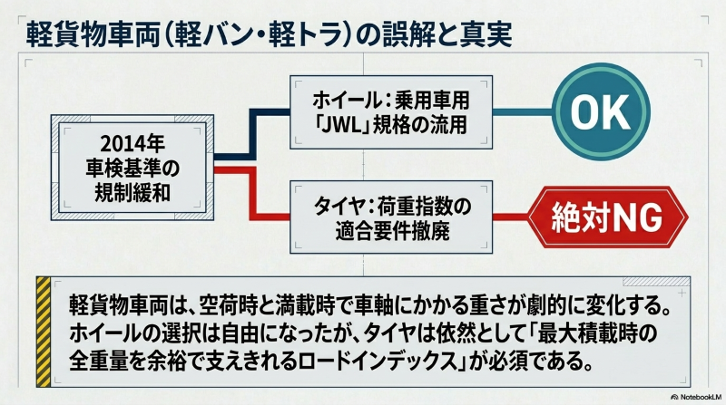 2014年の車検基準緩和で乗用車用ホイールはOKになったが、タイヤの荷重指数適合は依然として絶対必要であることを示す図