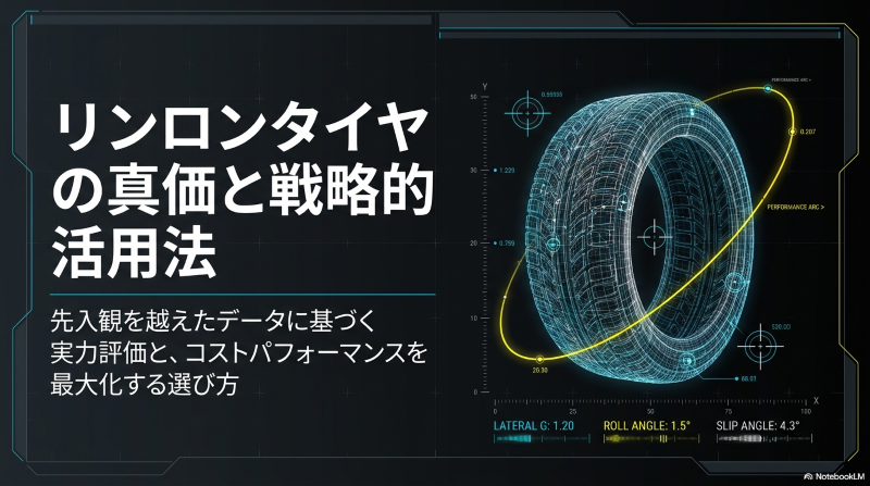タイヤの断面にパフォーマンスデータ（横Gやロール角など）が重なり、科学的で精密なテスト分析を行っていることを視覚化したグラフィック