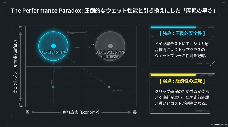 高いウェットブレーキ性能を持つリンロンタイヤと、長寿命なプレミアムタイヤの性能差を可視化したパフォーマンスパラドックスの図