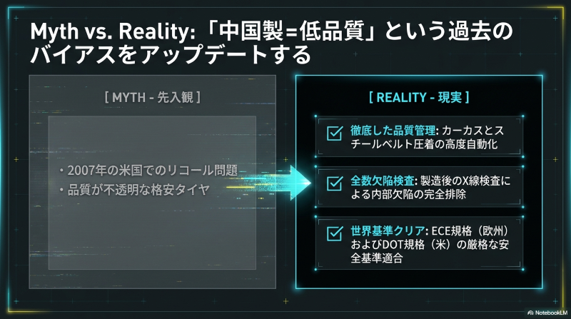 2007年のリコール問題という誤解に対し、最新の自動化製造技術と世界基準の安全適合で答えるリンロンタイヤの品質管理説明図
