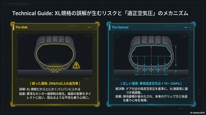 過充填のリスクと、車両指定空気圧+10〜20kPaによる正しい空気圧管理が接地面積を最大化するメカニズムを解説した図